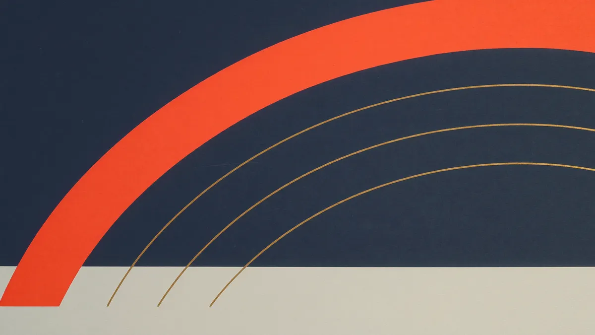A broad vermilion arc across a navy ground