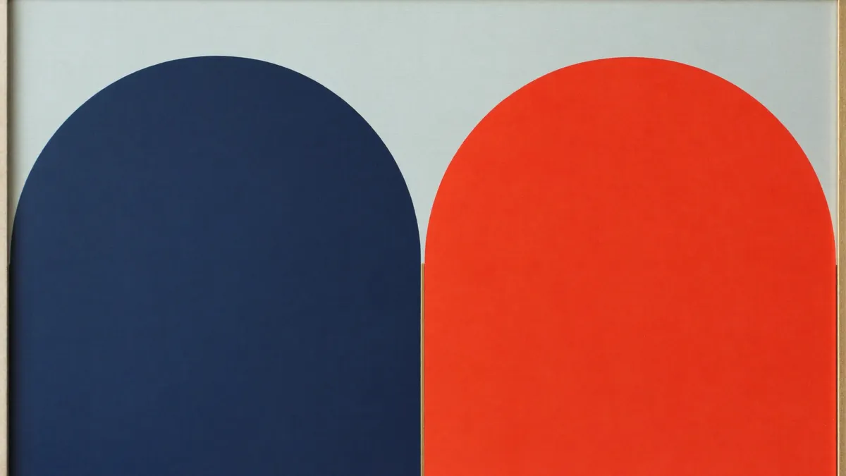 Two mirrored arches, one navy and one vermilion