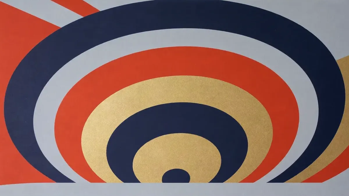 Concentric vermilion, navy and brass rings