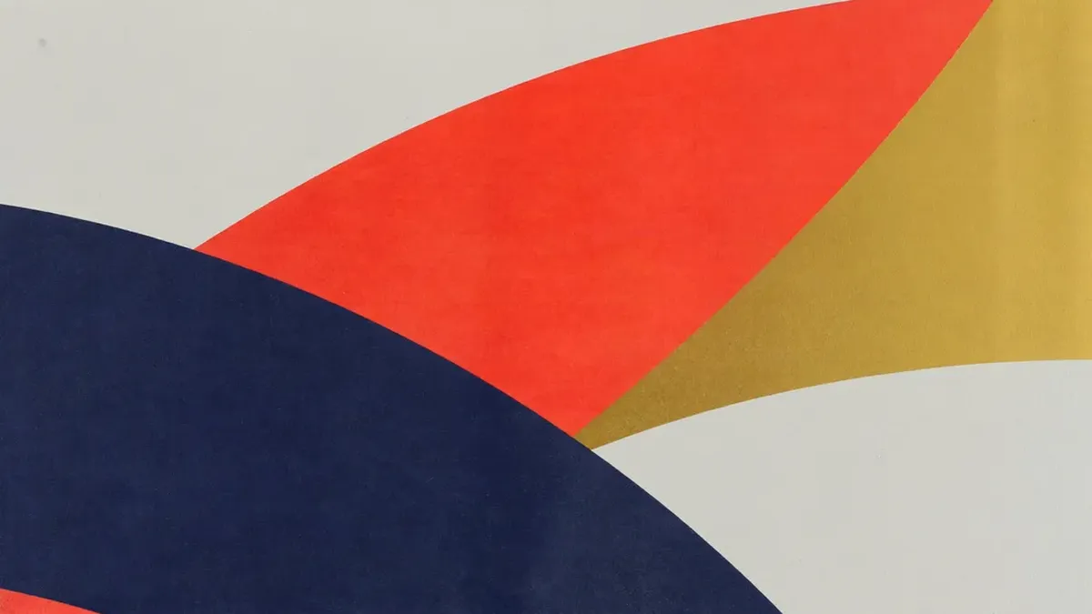 Curved navy, vermilion and brass colour fields