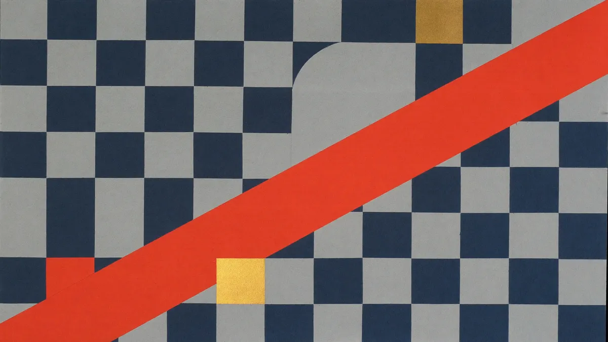 A navy and grey chequered field crossed by a vermilion band
