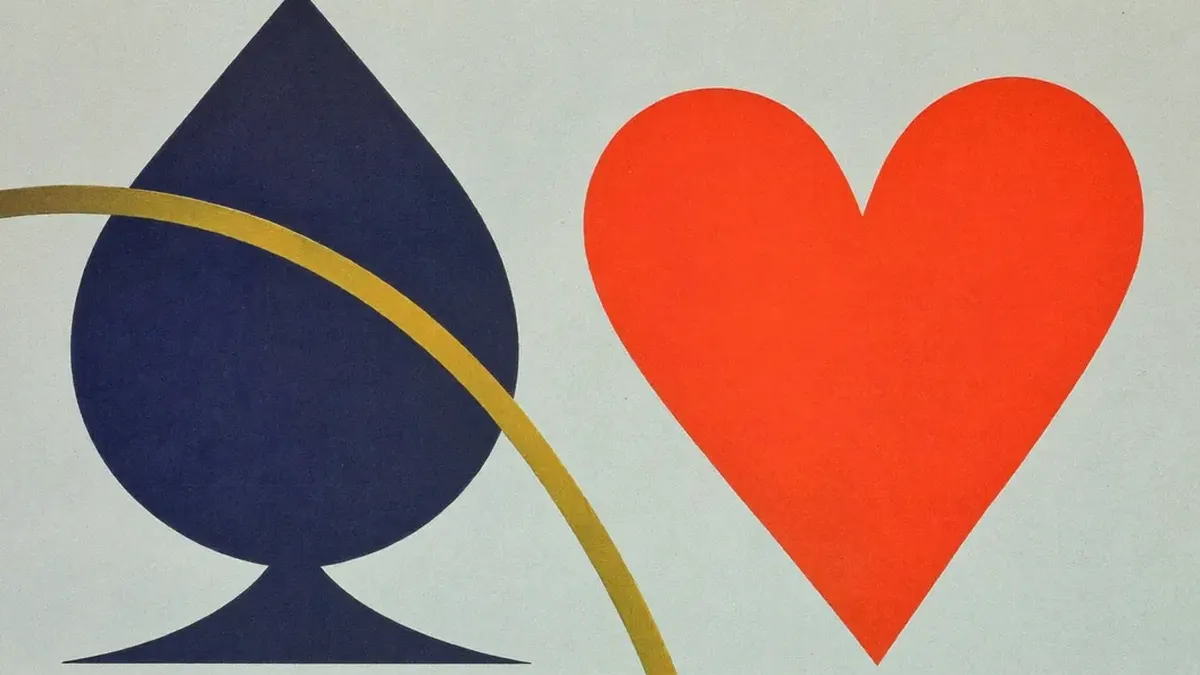 Navy spade and vermilion heart shapes over a brass arc
